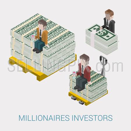 Flat 3d isometric abstract billionaire, oligarch, rich man, millionaire, capitalist web concept vector icon. Businessman with glass of wine sitting on pallet of dollar banknotes. Big money.