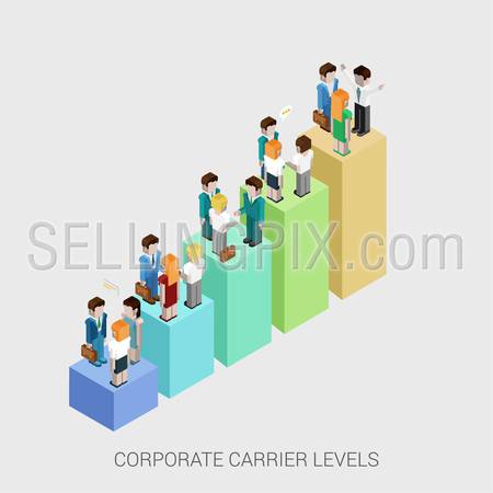 Flat 3d isometric infographic concept of company corporate carrier ladders management structure web concept vector template. Bar graphic with standing business people. Departments and teamwork.