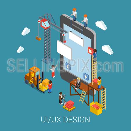 Flat 3d isometric mobile UI/UX design web infographic concept vector. Crane people creating interface on phone tablet. User interface experience, usability, mockup, wireframe development concept.