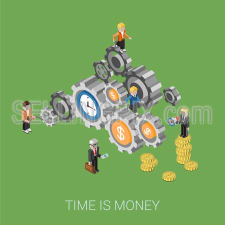 Flat 3d isometric style modern time is money, teamwork, workforce staff web site infographic concept. Conceptual illustration business people on cog wheels. Time and coins as parts of process.