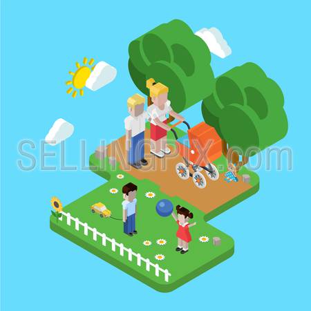 Flat 3d family parenting children kids people concept. Isometric parents in park mother father pram buggy girl boy son daughter. Website click for infographics design web elements vector illustration.