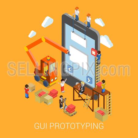 Flat 3d isometric mobile GUI interface prototyping web development infographic concept vector. Crane people creating interface on phone tablet. UI/UX, usability, mockup, wireframe development concept.