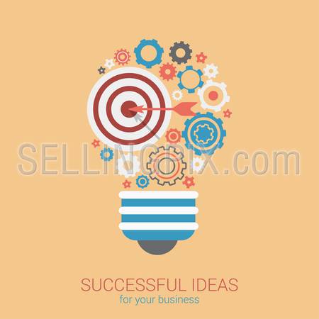 Flat style modern idea innovation light bulb infographic concept. Conceptual web illustration of lamp consist of target air arrow and cog wheel gears. Business strategy planning objects icon collage.