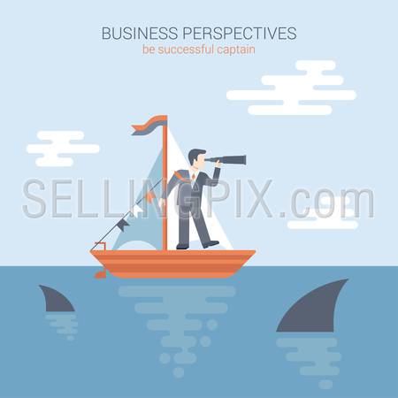 Flat style modern business perspectives, competition banner poster web template concept vector. Businessman stands in yacht looking through spyglass into the future in ocean teeming with predatory sharks.