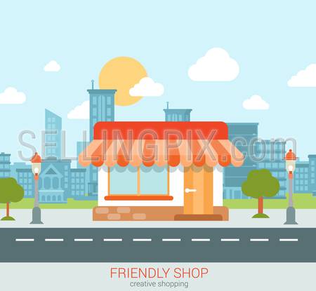 Flat style modern tiny friendly shop showcase in the city web concept vector. Little store with marquise sunblind stands on the street edge. Small business retail website conceptual illustration.