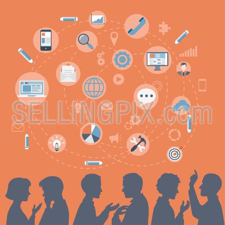Flat style modern business people silhouettes brainstorming, meeting, gossip, social media content concept web vector. Talking couples businessman businesswoman and icon set collage.