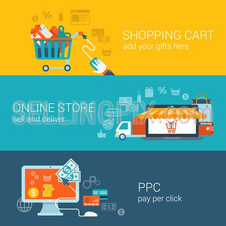 Shopping cart, online store, pay per click flat style concept. Vector icon banner template set. Gift boxes, laptop sunblind marquise, van, computer click money. Web, website infographics elements.