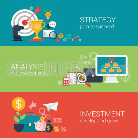 Flat style business success strategy target aim, finance analysis, growth investment infographic concept. Trophy horse pie chart briefcase computer piggy bank money web site icon banner template set.