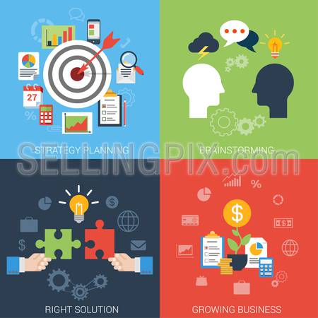 Flat style business success strategy target brainstorming growth solution infographic icon set concept. Aim bow arrow bull eye brainstorm chat idea man heads puzzle money web site banner template.