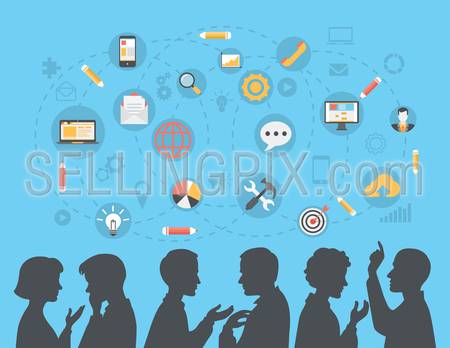 Flat style modern business people silhouettes brainstorming, meeting, gossip, social media content concept web vector. Talking couples businessman businesswoman and icon set collage.
