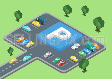 Flat style 3D isometric vector illustration concept of public outdoor open parking area. Big letter P road sign laying on parking slots. Cars on the road and stopped parked.