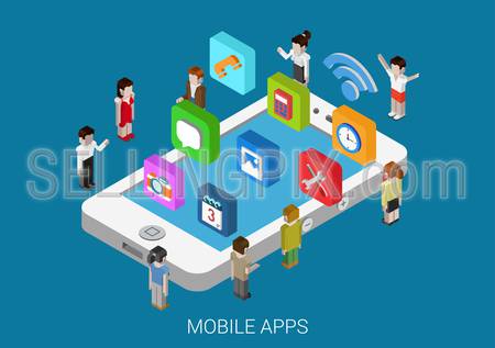 Flat style 3d isometric vector illustration concept of smart phone with micro people and casual, social media apps icons. Concept for mobile applications, development, downloading, installing, usage.