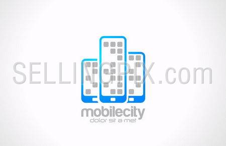 Mobile phones vector logo design template. Mobile city business concept. Touchphones are shown as skyscrapers. Creative idea. Technology icon.