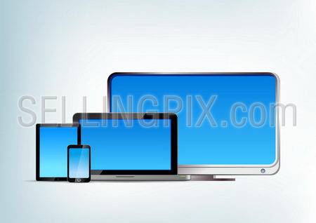Abstract devices: Tablet pc, laptop, smartphone, tv vector front view. Notebook, mobile phone, touchpad, television. Blank. Copyspase.