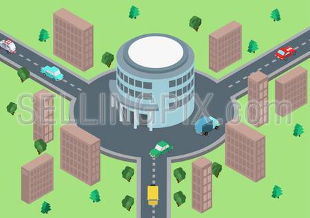 Flat style 3d isometric vector illustration concept of road traffic circular motion. Circle road connection with round office building. Place your logo on roof.