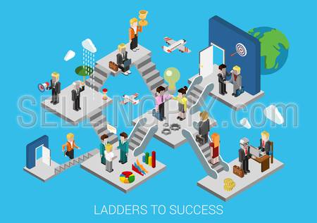 Business start, ladders to success flat 3d isometric design infographic concept template vector illustration. Creation development growth movement insurance partnership HR target trophy promotion.