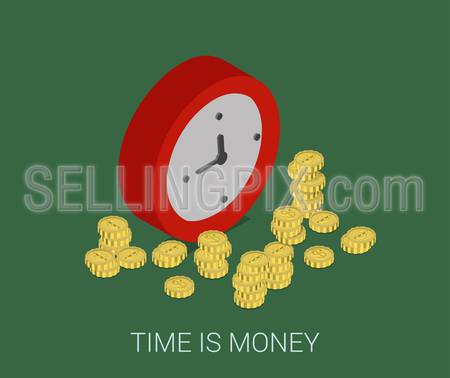 Flat 3d isometric style modern business time is money web site infographic concept. Conceptual illustration coins around round clock.