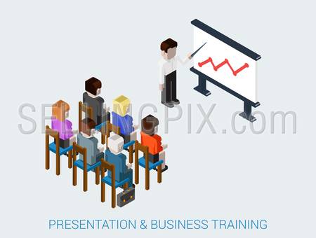 Flat 3d isometric business meeting, skull session, council, presentation, get-together, palaver web infographic concept vector. Group of character people conference hall blackboard chart graphic.