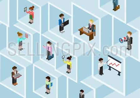 Flat 3d isometric business people professional diversity web infographic concept vector. Different professions businessman businesswoman in square room slots wall. Secretary, manager, bookkeeper etc.