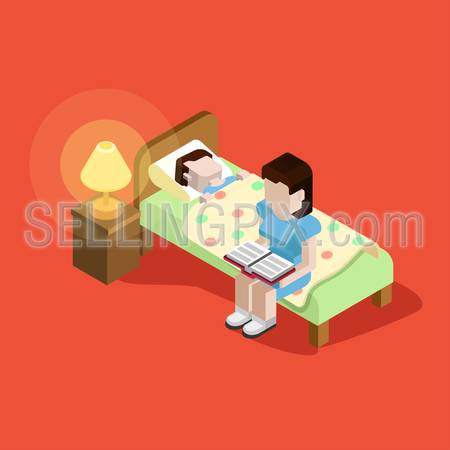 Flat 3d family parenting children kids people concept. Isometric mother reading fairy tale book put to bed boy son. Website click for infographics design web elements vector illustration.