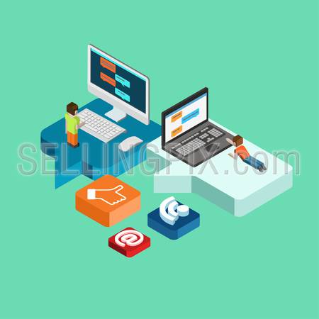 Chat message social media flat 3d isometric pixel art modern design concept vector. People laying on callout signs and chatting on big laptop desktop. Flat web illustration infographics collection.