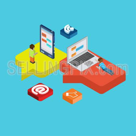 Chat message social media flat 3d isometric pixel art modern design concept vector. People laying on callout signs and chatting on big laptop desktop. Flat web illustration infographics collection.