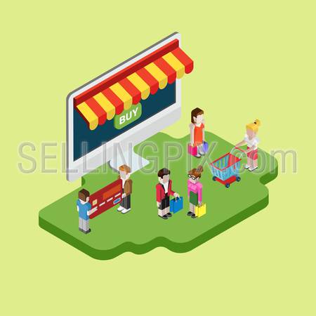 Flat 3d web isometric e-commerce, electronic business, online shopping, purchase, payment process, sales, black friday, cyber monday infographic concept vector. Computer store and shopper customers.