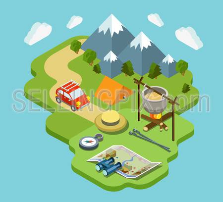 Camping travel outdoor active vacation flat 3d isometric pixel art modern design concept vector. Mountain forest meadow bowler tent fire chowder skewer. Web banners website infographics illustration.