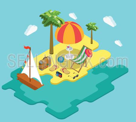 Beach sea ocean yacht summer vacation flat 3d isometric pixel art modern design concept vector. Palm island chaise lounge deck chair suitcase thongs. Web banners website infographics illustration.