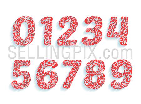 Decorative numbers font. Floral ornament in all number shapes from 0 to 9. Customizable typography elements template set.
