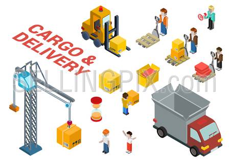 Flat 3d isometric cargo delivery shipment loading web infographic concept vector icon set template. Delivery van, crane, manager, foreman, box, crate, hourglass, loader, pallet and movers icons.