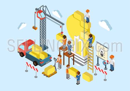 Flat 3d isometric creative idea planning, brainstorming web infographic concept vector. Crane, lorry, people making big light bulb lamp sign. Business, commerce, startup, innovation concept.
