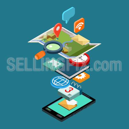 Flat style 3d isometric vector illustration concept smart phone app icons. Concept for mobile applications, development, downloading, installing, usage. Map, chat, calendar, email, diary, photo album.