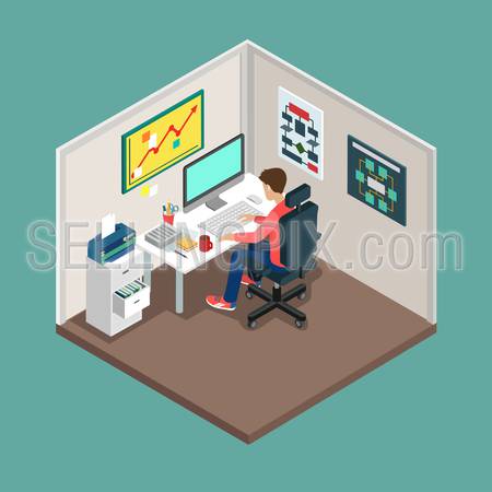 Flat 3d isometric SCRUM process concept. Web style modern infographics with digital office workplace. Programmer, business analyst, code developer junior / senior coder / team leader / product owner.