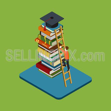 Flat 3d web isometric education graduation infographic concept vector. Man figure climbs on ladder over heap of books to reach graduate cap. Gain knowledge result, university / college classes.
