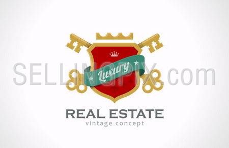 Real Estate Vintage Luxury logo design template. Keys and shield with ribbon. Realty symbol icon old classic style.