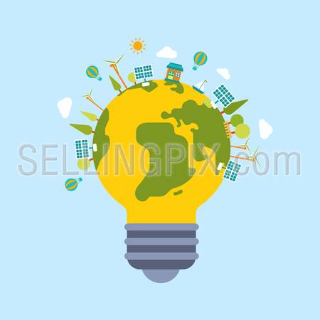 Eco green energy lamp lifestyle planet world on globe modern flat style template. Windmill and sun battery, eco transport, non pollutive factory production, trees and clouds. Ecology concepts collection.