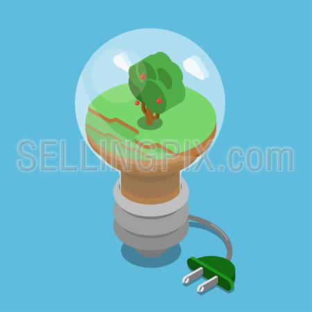 Eco green energy lifestyle planet world on globe modern flat style template. Windmill and sun battery, eco transport, non pollutive factory production, trees and clouds. Ecology concepts collection.