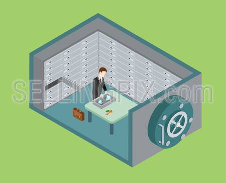 Flat 3d web isometric bank vault, safe depository box room infographic concept vector. Man puts diamond valuables to depositary. Creative people collection.