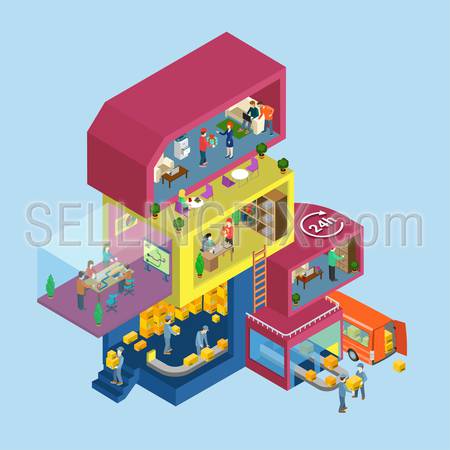 Delivery service process office flat 3d web isometric infographic concept vector. Exterior and interior isometry rooms with people staff workers. Warehouse management. Creative people collection.