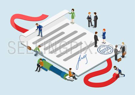 Flat 3d web isometric signed contract and mini people infographic collaboration concept vector. Little business people around overblown paper sheet with stamp and signature. Creative people collection