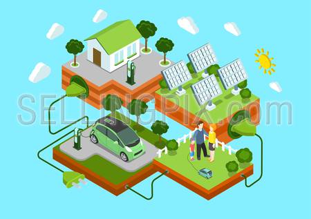 Flat 3d web isometric alternative eco green energy lifestyle infographic concept vector. Electric car sun batteries family house on green lawn cord connection. Ecology power consumption collection.