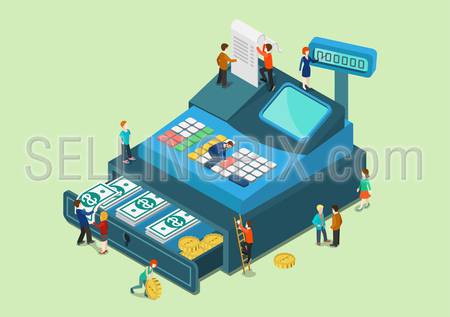 Flat 3d web isometric little people on big oversize cash register machine infographic concept vector. Fabulous mini human characters finance retail sale monetary concept. Creative people collection.