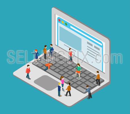 Flat 3d web isometric little people on huge oversize laptop infographic concept vector. Mini human pressing big computer button keys, surf browsing webpage. Creative people collection.