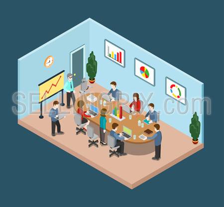 Office meeting room report business collaboration teamwork brainstorming flat 3d web isometric infographic concept vector. Staff around table working with laptop tablet. Creative people collection.