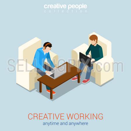 Creative work process anytime anywhere freelance flat 3d web isometric infographic concept vector. Two young men on chairs working on laptops. Modern office workplace concept.