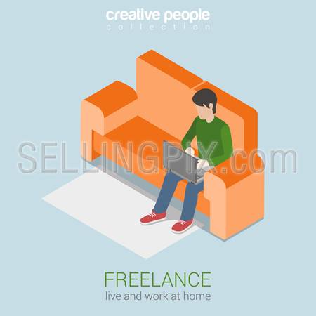Freelance work at home flat 3d web isometric infographic concept vector. Freelancer young man on sofa working on laptop. Modern home office workplace concept.