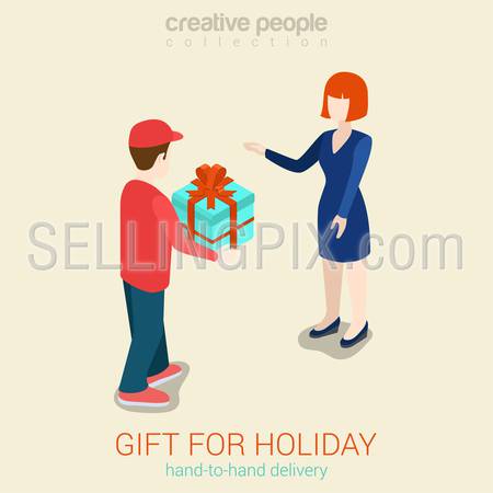 Flat 3d web isometric courier gift delivery infographic concept vector. Man giving present box to woman. Creative people collection.