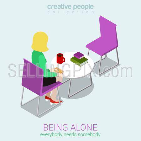 Loneliness flat 3d web isometric infographic concept vector. Being alone – everybody needs somebody. Single woman sitting by the table before empty chair. Creative people collection.