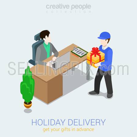 Flat 3d web isometric courier holiday gift delivery infographic concept vector. Man giving present box to woman. Creative people collection.